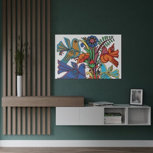 Psychedelic &#39;60s Inspired Flower Power Colorful Birds Art - Retro Villeroy and Boch Acapulco Style Satin Poster
