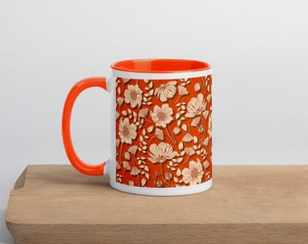 Kubek do kawy w stylu retro kwiatowy – ceramiczny kubek w stylu lat 70. z kolorowym wnętrzem