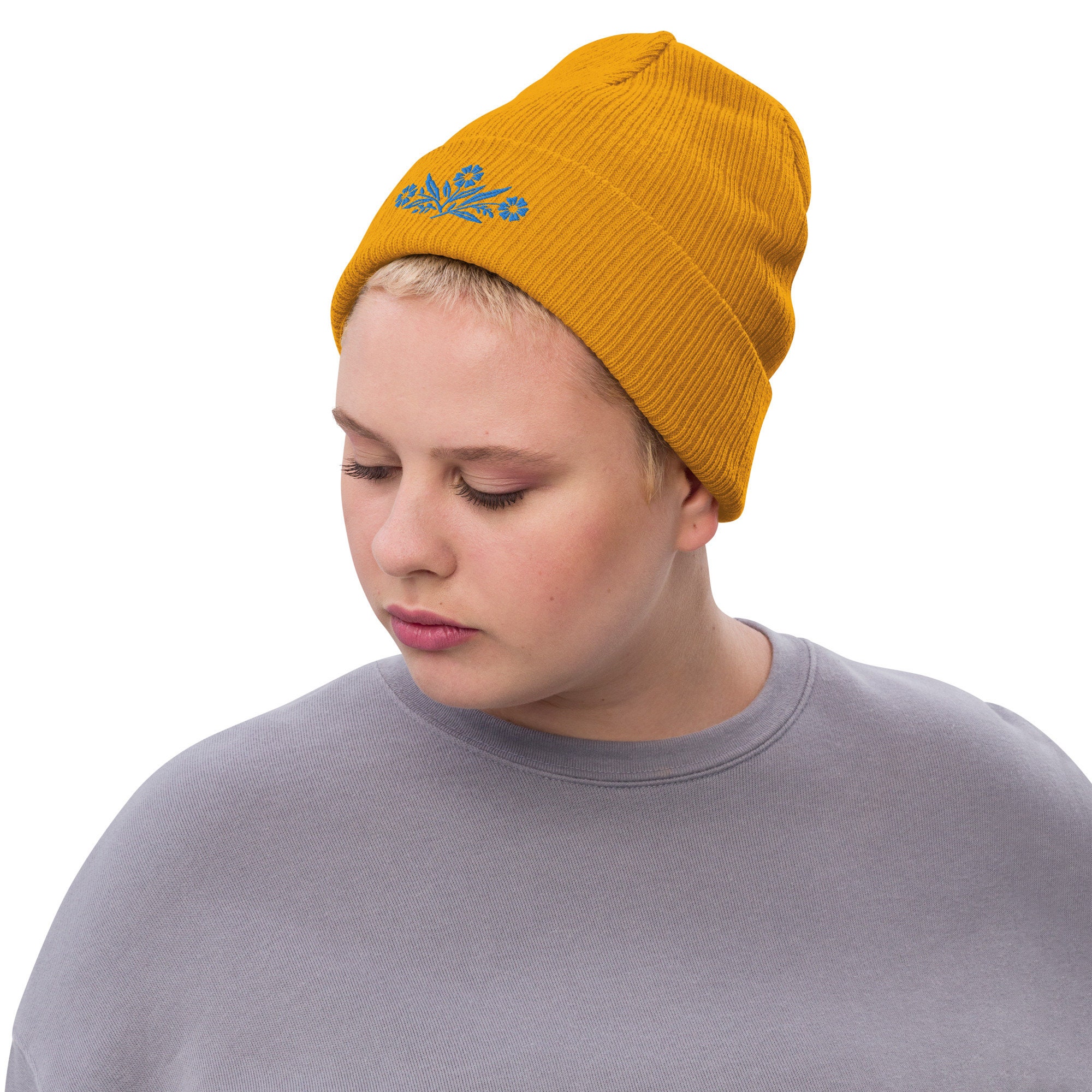 Corningware Cornflower Blue Inspired Ribbed Knit Beanie. 3D