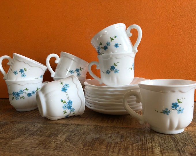 8 verres gobelets Veronica Myosotis fleurs bleues arcoroc arcopal