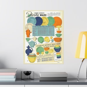 May include: A vintage poster for Fiesta Ware kitchenware. The poster features colorful plates, bowls, teapots, and serving dishes in various colors, including blue, green, yellow, and orange. Text on the poster reads "Fiesta Ware" and "Laughlin's Kitchen Kraft Ware in Fiesta Colors."