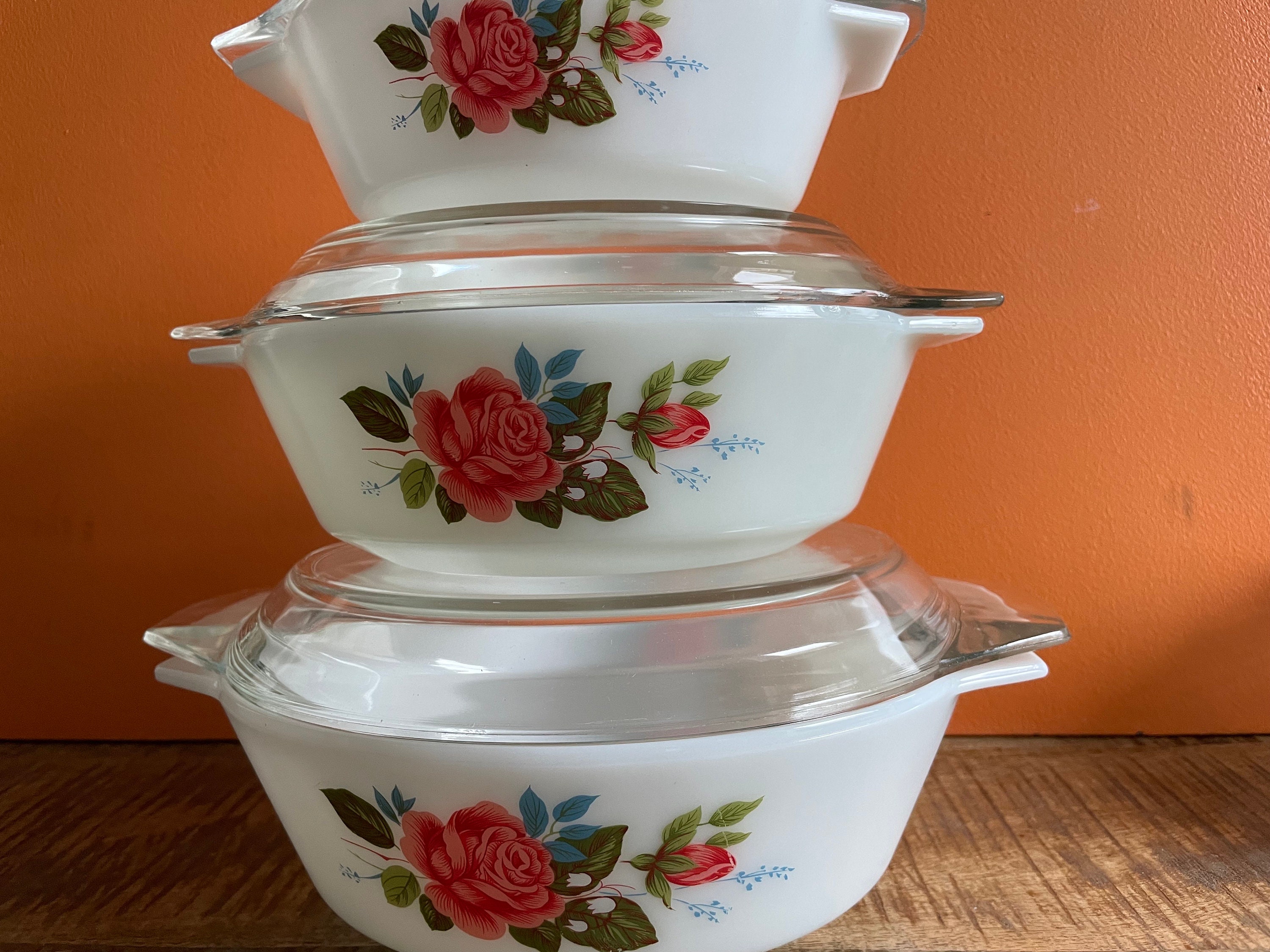 Set JAJ England Pyrex Cottage Rose Casserole 505 + 509 + 513