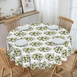 60&quot; Round Tablecloth wavy edged with Iconic Corelle Crazy Daisy / Pyrex Spring Blossom Green Pattern – Waterproof, Vintage-Inspired Design