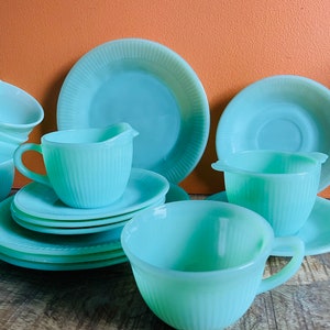 Anchor Hocking Fire-King Jadeite Cup | Saucer - Milk | Creamer Salad Plates. Jadeite, Jadite, or Jade-ite Depression Glass. Green Milk Glass