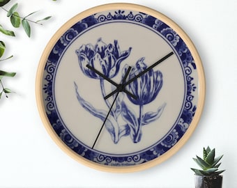 Delft Blue Wall Clock – Holland Tulips, 10" Diameter