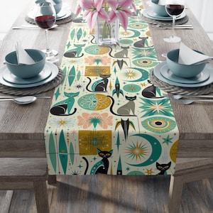 Mid-Century Modern Cat Table Runner - Atomic Age Inspired Kitchen Linen, Perfect for Cat Lovers and Retro Decor Enthusiasts 16&quot;x 72&quot;