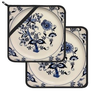 May include: Two blue and white floral patterned pot holders with black trim. The pot holders are square shaped and have a loop for hanging.