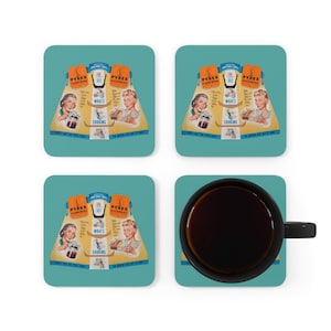 Vintage Pyrex Ad Coaster Set x4 - High-Gloss, Cork-Backed, 4-Piece, Retro Kitchen Design, Non-Slip, Durable Drink Coasters Butterprint Blue