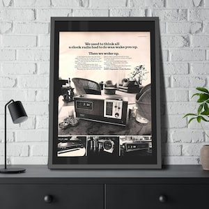 Sony Digimatic Vintage Clock Radio Advert | Framed 1970s Sony Flip Clock Poster Reproduction | Retro Wall Art for Collectors Multiple Sizes