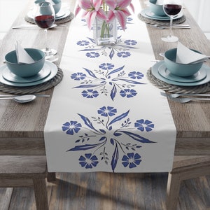 Centura By Corning - Corningware Cornflower Blue Inspired Vintage Corning ware inspired Table Runner (Cotton, Poly) Blue Flower Tablecloth