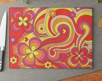 Tabla de cortar de vidrio templado con diseño floral retro, decoración de cocina moderna de los años 70