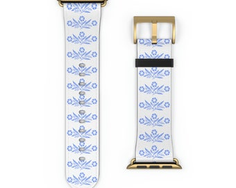 Correa para Apple Watch con diseño de flor de aciano azul: piel sintética con estampado floral de inspiración vintage