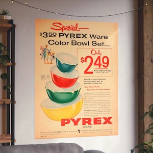 Vintage Pyrex Werbung Matte Vertikale Poster Pyrex Primäre Mischschüsseln. Pyrex Rührschüssel Poster