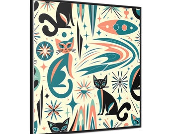 May include: A retro-style illustration featuring a repeating pattern of stylized cats, stars, and abstract shapes in shades of teal, coral, black, and white on a cream background.