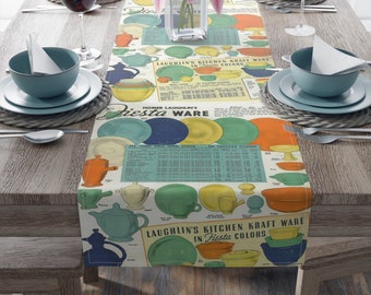 Fiesta Ware Classic Ad Table Runner - Mid-Century Modern Kitchen Vibrant Vintage Advertisement Print Homer Laughlin. Poly, Cotton, Linen