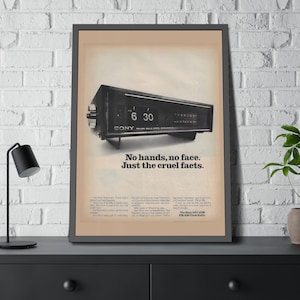 Sony Digimatic Vintage FM/AM Clock Radio Advert | 1970s Sony 8FC-69W Flip Clock Reproduction | Framed Retro Electronics Wall Art