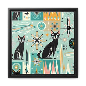 Atomic Cat Framed Canvas - Stylish Retro Art for Cat Lovers Matte Canvas, Black Frame. Atomic Cats Lovers Gift Art