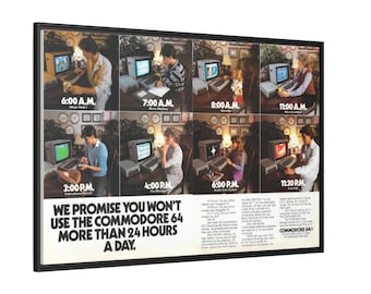 Impresión en lienzo del anuncio del Commodore 64, tecnología retro de los años 80, arte mural enmarcado