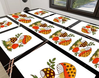 Camino de mesa y mantel individual con diseño de setas: diseño de cocina retro de los años 70