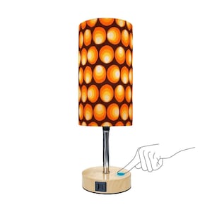 70s Touch Lamp with USB & Type-C – Retro Orange Dot Pattern Desk Light, Dimmable Linen Shade, LED Bedside Lamp for Gift or Office