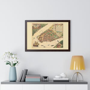 Vintage Karte von New York City im Jahr 1674 - Antike Kolonialzeit Kartenreproduktion, historisches Manhattan Kunstwerk - gerahmtes horizontales Poster