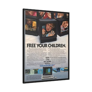 Commodore 64 Vintage Ad Print, 1980s Computer Nostalgia, Retro Tech Wall Art, Programmer Geek Decor, Classic Computer Canvas Frame