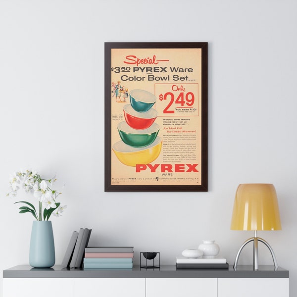 Vintage Pyrex Primary Colors Bowls Ad Poster - Framed Retro Kitchen Art Framed Vertical Poster