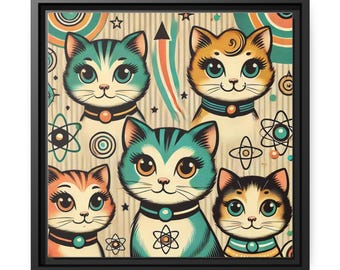Atomic Cat Framed Canvas – Retro Art, Whimsical Cats Pattern