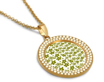 Gold Pendant Necklace with Pyrex Crazy Daisy/Spring Blossom Green Pattern – Vintage-Inspired Jewelry