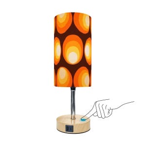 Retro 70s Touch Lamp with USB & Type-C – Orange Circle Pattern Desk Light, Dimmable Linen Shade, LED for Bedside or Office Gift