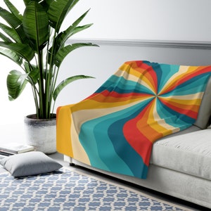 Abstract Retro Pattern Fleece Blanket | Colorful 70s Inspired Home Textile Sherpa Fleece Blanket Orange Red Yellow Blue Psychedelic Teal