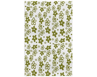 Spring Blossom Tea Towel, Vintage Green Crazy Daisy Kitchen Decor