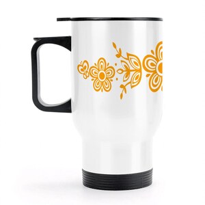 Made-in-USA Travel Mug with 70s Corelle Butterfly Gold Pattern – 14oz Double-Walled Stainless Steel