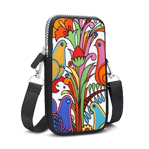 Bolso bandolera para teléfono de neopreno con diseño de pájaros de colores inspirado en los años 60 de Acapulco Villeroy Carteras para teléfono con correa cruzada