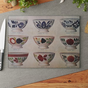 Puede incluir: Nueve cuencos antiguos con diferentes motivos florales pintados en azul, rojo y verde. Los cuencos son todos blancos con un borde elevado y un pequeño pie. Los cuencos están dispuestos en tres filas de tres. La imagen es de un libro antiguo.