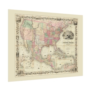 May include: An antique map of the United States of America, showing the states and territories in the 1800s. The map is printed in black and white with coloured borders for each state. The map includes a compass rose and a scale bar. The map is surrounded by a decorative border.