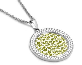 Silver Pendant Necklace with Pyrex Crazy Daisy/Spring Blossom Green Pattern – Vintage-Inspired Jewelry