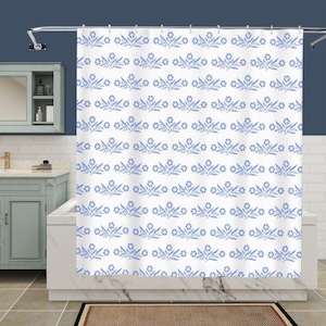 Blue Cornflower Shower Curtain – Vintage-Inspired Corningware Design, Waterproof Polyester Fabric Cornflower Blue Corning Ware Gift For Her