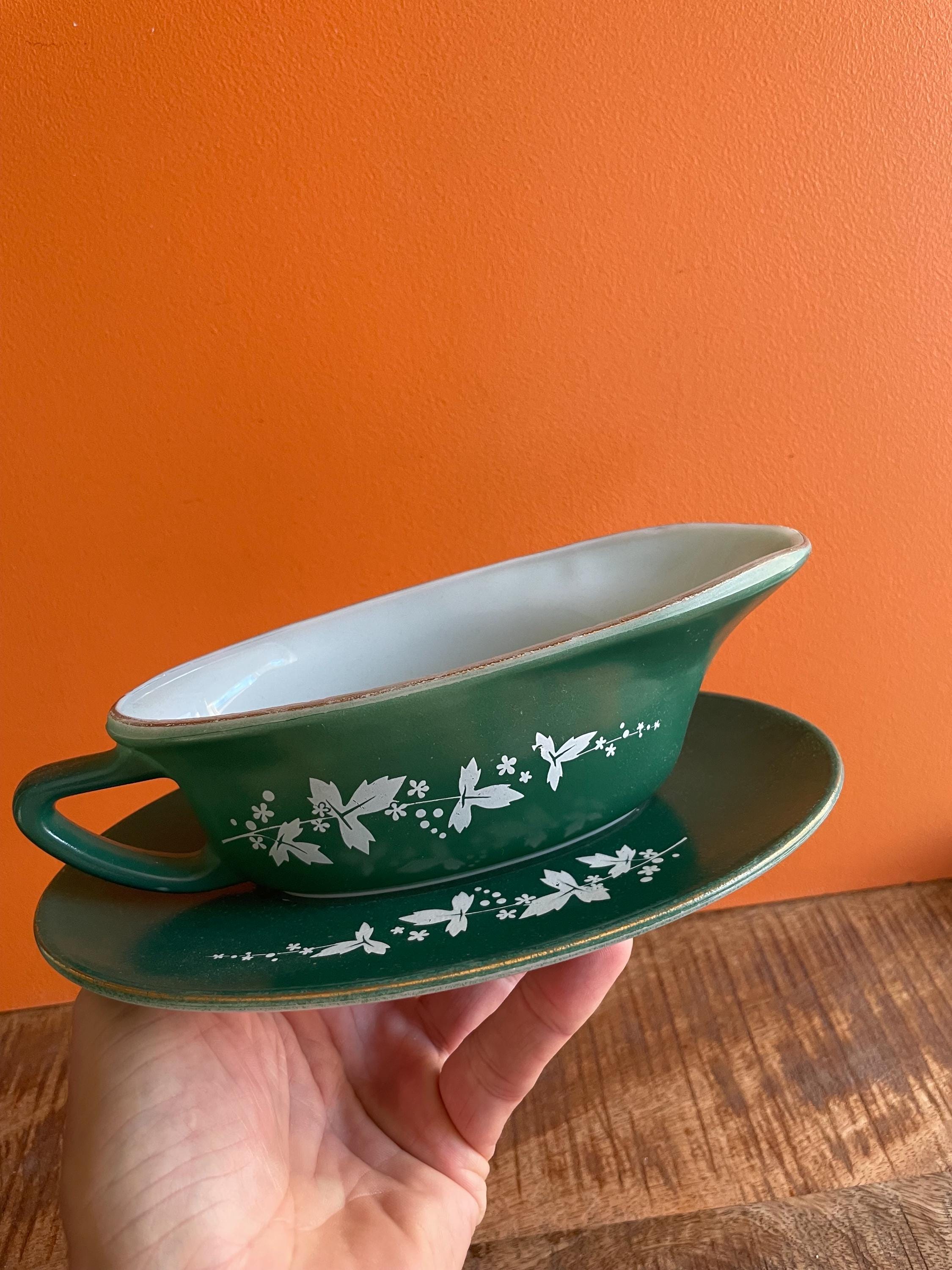 1961 Vintage JAJ Pyrex Vintage JAJ Pyrex Hawthorn Gravy Boat with Attached Saucer - 1961 Royal Range - Green Vine Design Pyrex England
