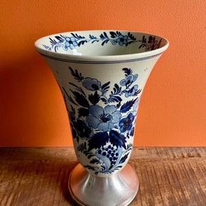 Authentic 1920s Delft Blue Vase with Silver Plated Foot, Vintage Dutch Floral Collectible, 8.9&quot; Blue and White Cobalt Blue Vase Delft Blue