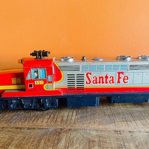 Vintage Santa Fe Tin Toy Locomotive – Japanese Lithographed Train, Mid-Century Decor