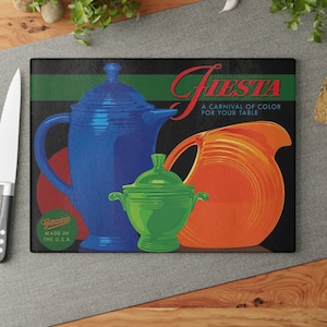 Tabla de cortar con reproducción de anuncio vintage de Fiesta Ware: cuencos y platos de cerámica coloridos / Fiesta retro, porcelana de Homer Laughlin / Regalos para ella