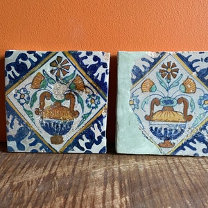 2x 17th century delft Dutch Tile. Antique Delft Tile from 1620-1650. Delft Blue Pottery polychrome hand decorated Double Handed Vase Flower
