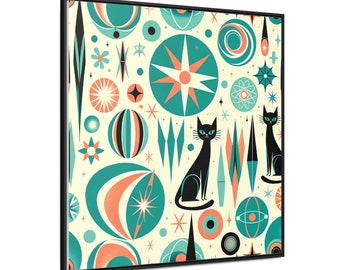 May include: A retro-style print featuring black cats, teal and orange geometric shapes, and stars on a cream background.