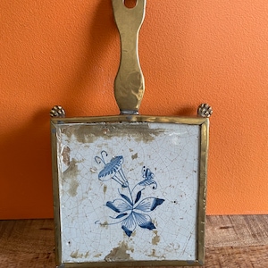 18th Century Handmade Copper Pot Holder with Authentic Delft Blue Tile Inlay - Antique Friesland Delftware - Rustic Dutch Decor Holland
