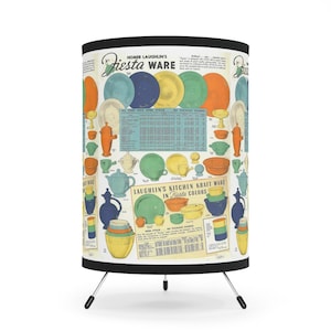 Homer Laughlin&#39;s Vintage Fiesta Ware Advert Inspired Tripod Lamp with High-Res Printed Shade, US\CA plug