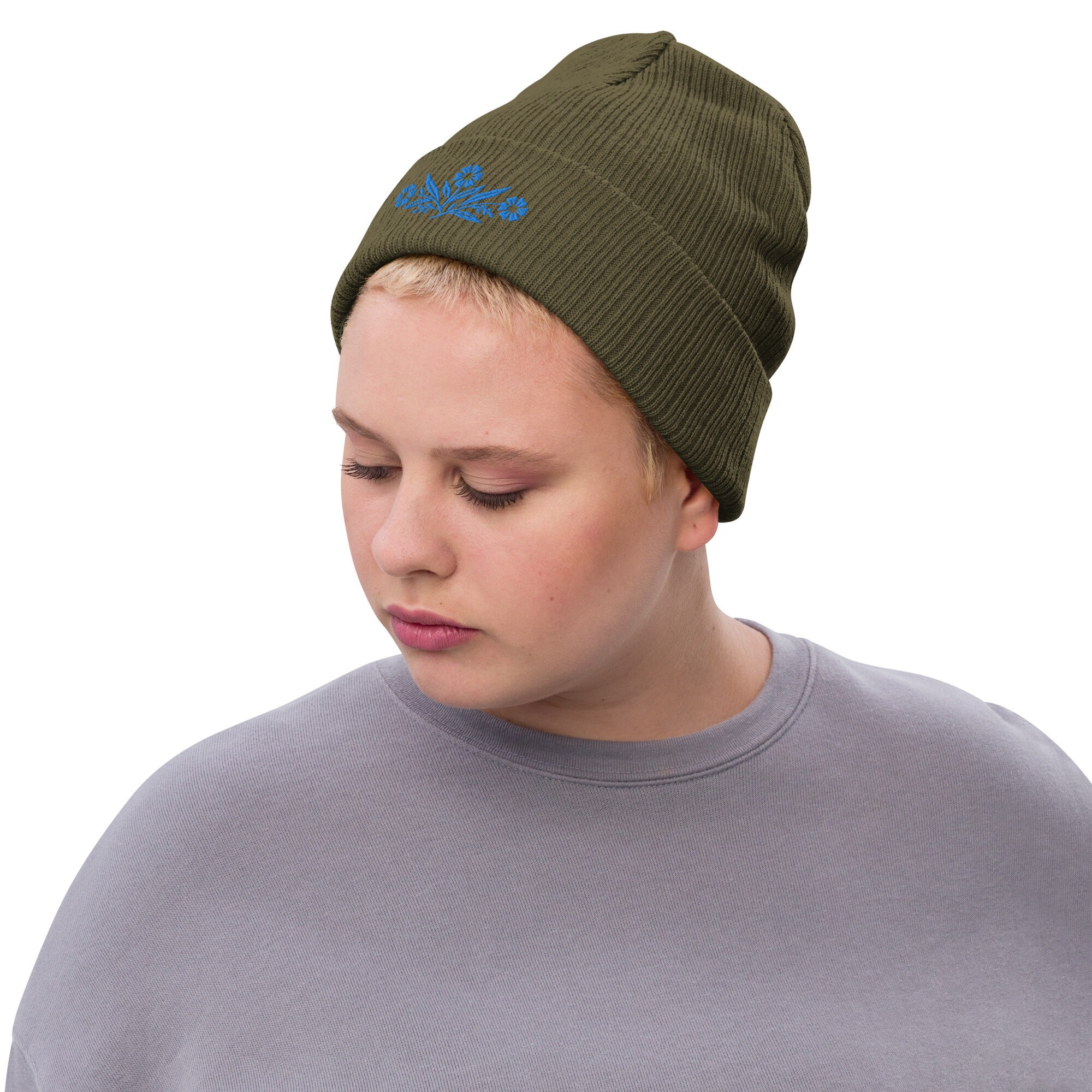 Corningware Cornflower Blue Inspired Ribbed Knit Beanie. 3D