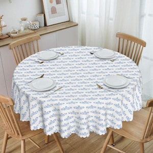 60&quot; Round Tablecloth wavy edges with Iconic CorningWare Blue Cornflower Pattern – Cornflower Blue Corning inspired table cloth