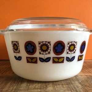 JAJ Pyrex 555 Indiana Głęboka okrągła zapiekanka - Vintage JAJ Pyrex Indiana, duża 5-pintowa rzadka zapiekanka Pyrex z pokrywką, 1969-1971 rozmiar 555