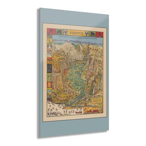 Vintage kaart van de Yosemite-vallei op acrylglas | Geïllustreerde kaart Jo Mora 1941 | Historisch Yosemite-decor vroeg historisch nationaal park poster